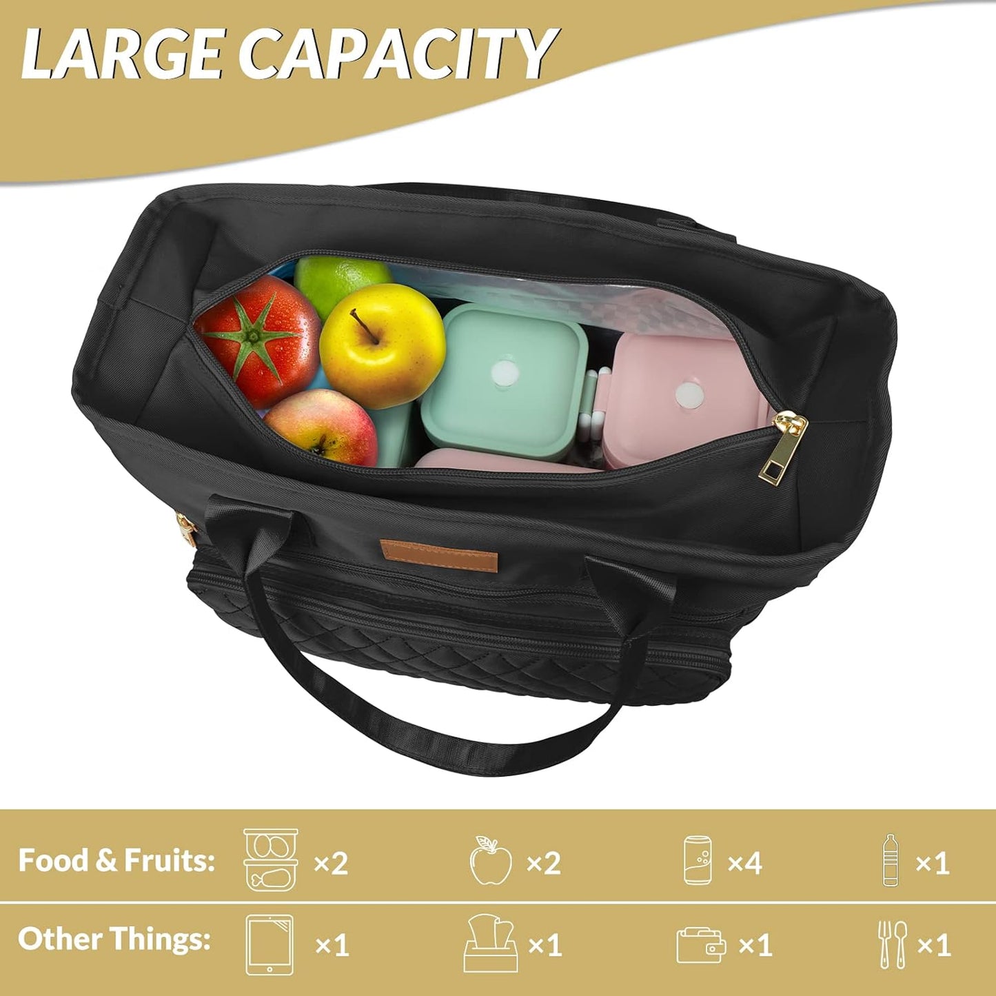 EASYA Large Insulated Lunch Bag for Work, Women'S Nylon Thermal Lunch Box, Leakproof Cooler Tote Bag with Storage Pocket (Black)