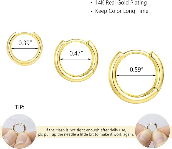 14K Gold Small Huggie Hoop Earrings for Women 925 Sterling Silver Hypoallergenic Cartilage Huggie Hoops Earrings for Men（3 Pairs）