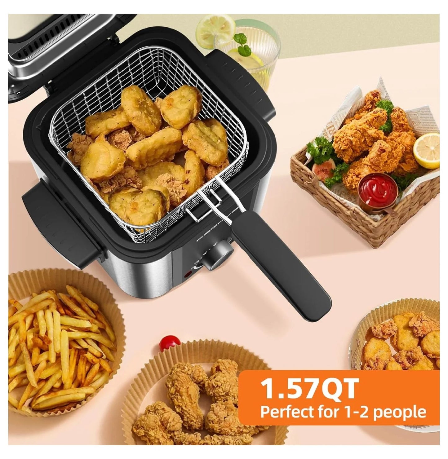 Electric Deep Fryer, 1.5 Liters Oil Capacity, Small Deep Fryer with Basket, Cool Touch Sides, Nonstick