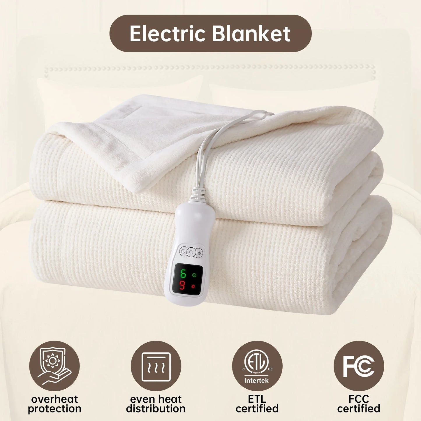 Heated Blanket Full Size, Washable Heated Blanket Electric, Electric Blanket, Cream, 72" X 84", Blanket Warmer Heating Blanket Heat Warming Blanket Electric Blanke Heater