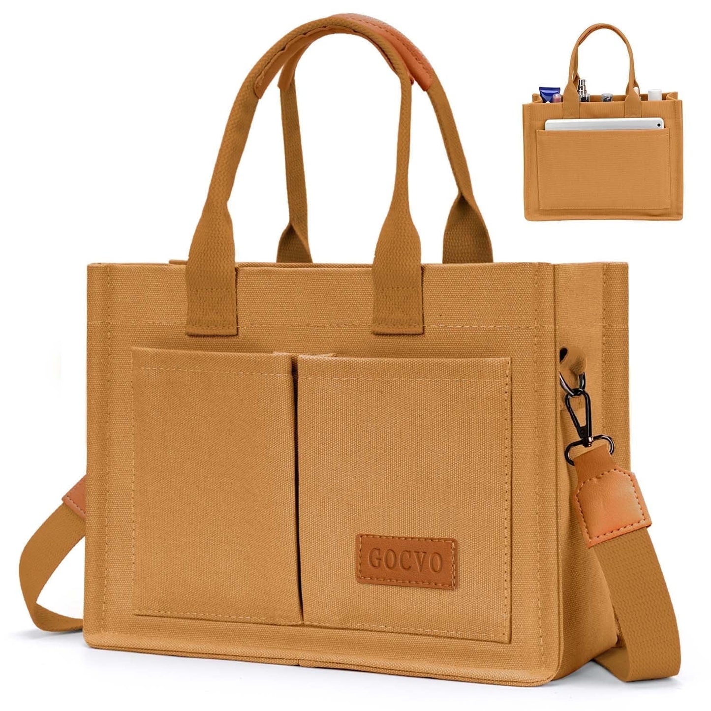 Gocvo Canvas Tote Bag for Women, Large Multi-Pocket Shoulder Handbag, Crossbody Messenger Bag, Khaki Plaid