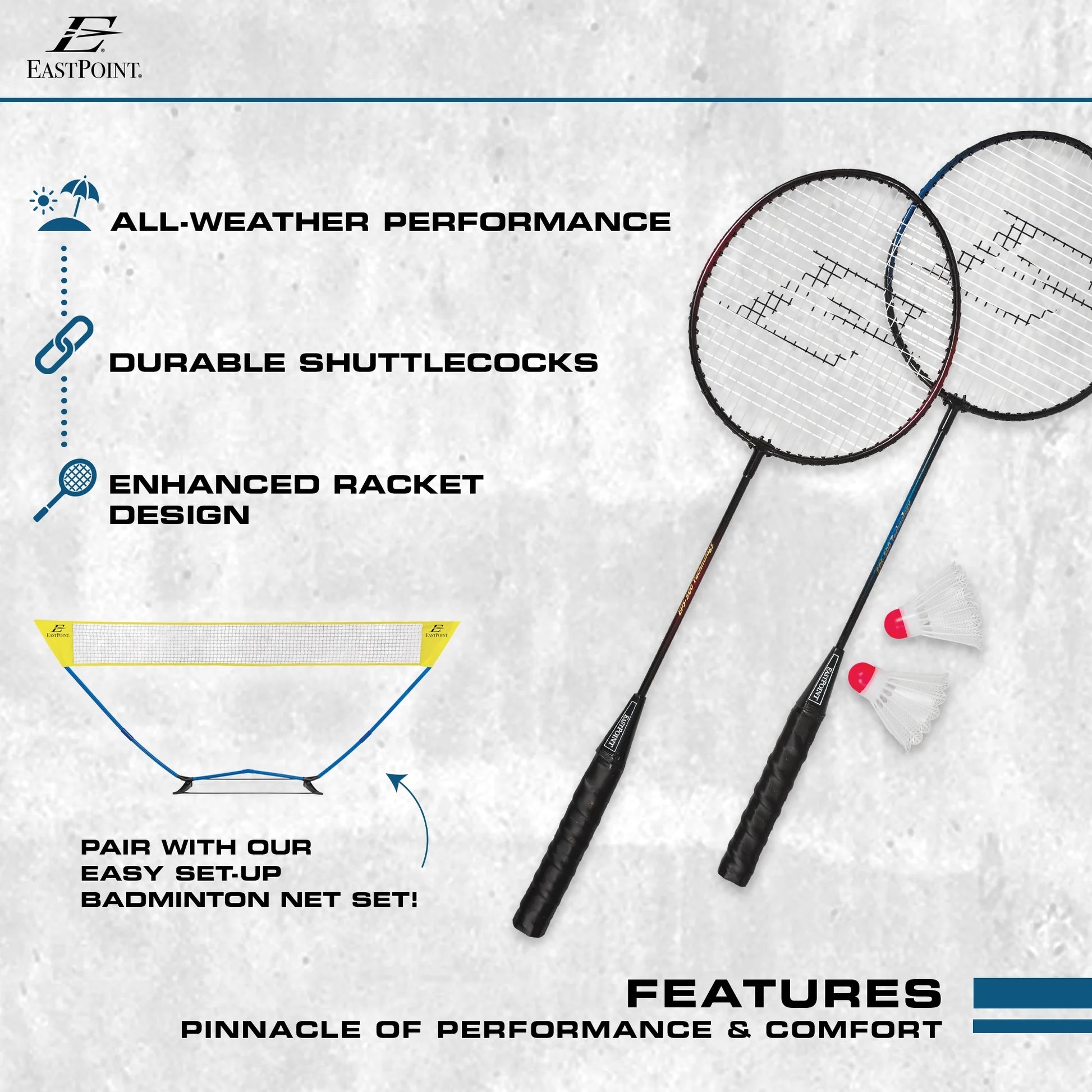 Eastpoint Sports 2 Player Badminton Racket Set; 2 Rackets with Steel Shafts, 2 Shuttlecock Birdies