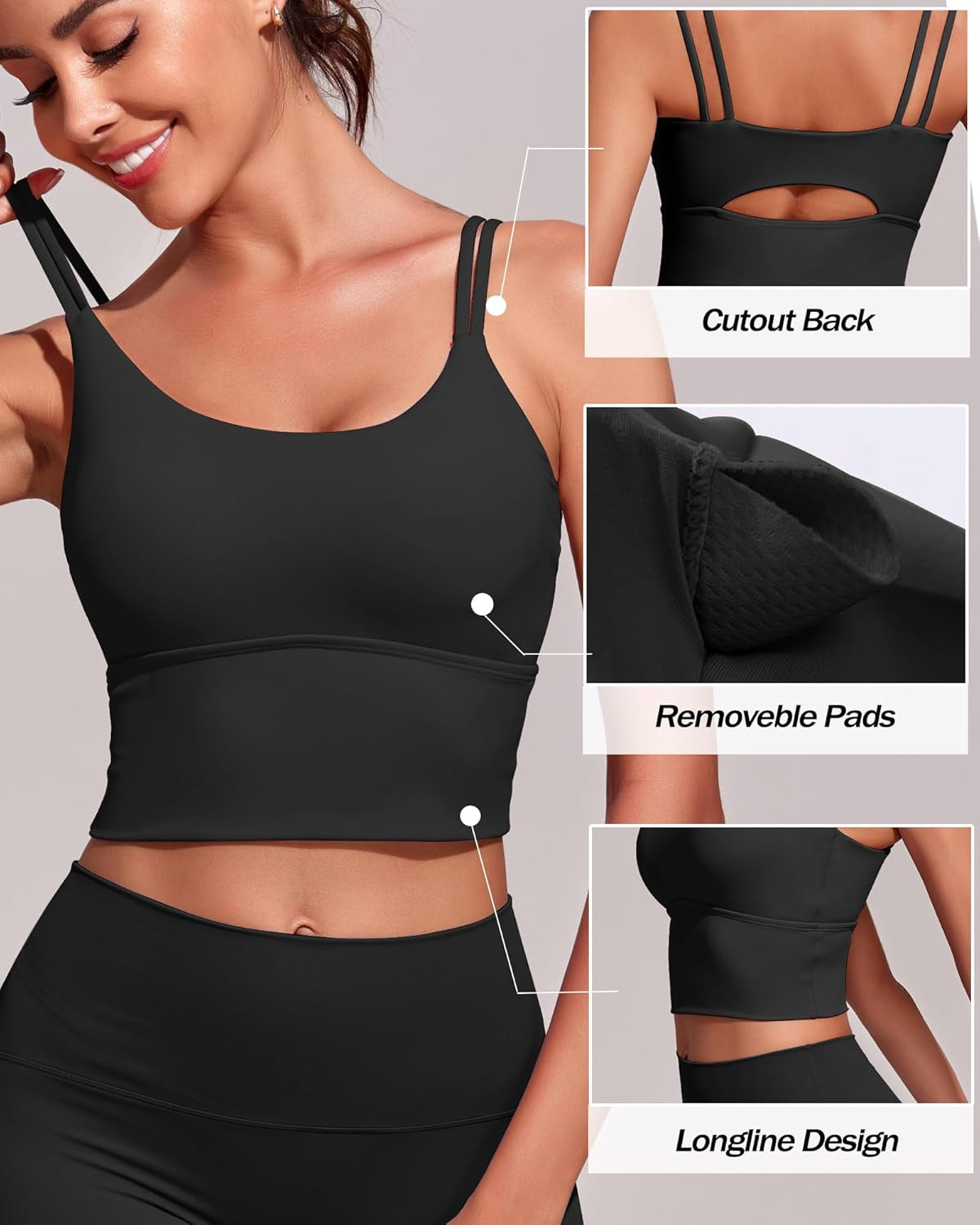 Everrysea Sports Bras for Women High Support Longline Workout Tank Tops Built in Bra Strappy Yoga Padded Crop Top
