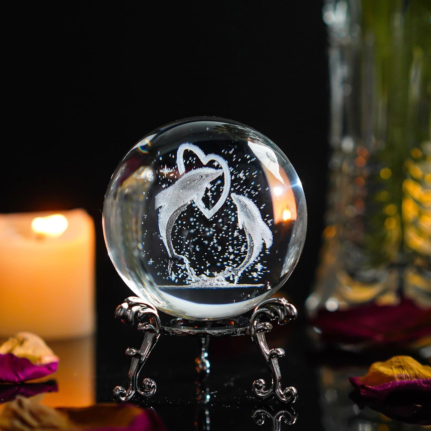 HDCRYSTALGIFTS3D Dolphin Crystal Ball Paperweight Figurines- Dolphin Gifts 60Mm Crystal Ball with Stand, Christmas, Valentine'S Day,Birthday Gift